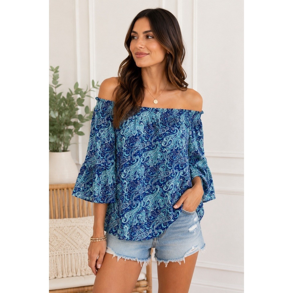 Blu Pepper Women's Small Blue Paisley Off Shoulder Peasant Boho Blouse Top